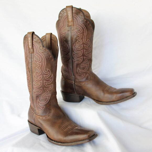Ariat Round Up Brown leather Western cowboy rodeo equestrian Boots embroidered 8 - Picture 2 of 9